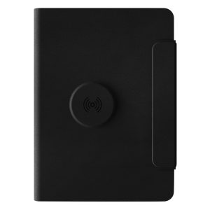GLOBAL 2IN1, portfolio sa notesom a5, pomoćnom baterijom 5.000 mah, bežičnim punjačem za dva uređaja i magnetom u poklon kutiji, crni