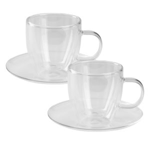 PIGNA MINI, set od dve staklene šolje sa tacnama za espresso sa dvostrukim zidom, 2 x 100 ml, transparentni